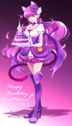 Rule 34 | 1girl, absurdres, animal ear fluff, animal ears, boots, breasts, cake, cat ears, cat girl, cat tail, character name, choker, cleavage, collarbone, cure macaron, elbow gloves, food, food-themed hair ornament, fork, full body, gloves, gradient background, hair ornament, happy birthday, high heel boots, high heels, highres, holding, holding fork, holding plate, kirakira precure a la mode, kotozume yukari, layered skirt, long hair, macaron hair ornament, medium breasts, miniskirt, mitsuki tayura, paw shoes, plate, precure, purple background, purple choker, purple eyes, purple footwear, purple hair, shadow, shiny skin, shirt, short sleeves, skirt, solo, sparkle, standing, tail, thigh boots, underbust, very long hair, white gloves, white shirt