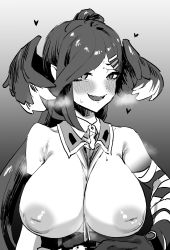 1girl :d absurdres bare_shoulders blush breasts breasts_out cleavage fang greyscale hair_ornament hairclip head_wings heart highres inverted_nipples kesuga_(re_riyo) large_breasts long_hair monochrome nijisanji nijisanji_en open_mouth ponytail selen_tatsuki selen_tatsuki_(2nd_costume) smile solo sweat virtual_youtuber wings