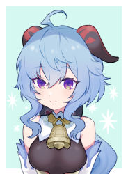 Rule 34 | 1girl, ahoge, bare shoulders, bell, blue hair, blush, breasts, detached sleeves, ganyu (genshin impact), genshin impact, gold trim, horns, long hair, looking to the side, medium breasts, neck bell, purple eyes, shiro (branch0126), sidelocks, smile, snowflakes, solo, upper body, very long hair, white sleeves