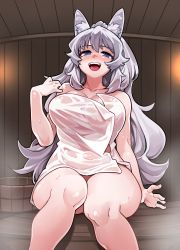 Rule 34 | 1girl, absurdres, animal ear fluff, animal ears, blue eyes, blush, breasts, fangs, fukumaaya, highres, indie virtual youtuber, large breasts, long hair, looking at viewer, lumi (merryweather), one side up, open mouth, sauna, silver hair, smile, solo, sweat, tail, thick thighs, thighs, towel, virtual youtuber, wolf ears, wolf girl, wolf tail