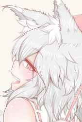 Rule 34 | 1girl, animal ears, bare shoulders, blush, cube85, hat, inubashiri momiji, looking at viewer, looking back, open mouth, red eyes, ribbon-trimmed sleeves, ribbon trim, short hair, silver hair, simple background, smile, solo, tokin hat, touhou, white background, wolf ears