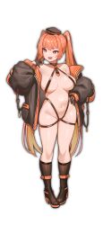 Rule 34 | 1girl, breasts, character request, hand on own hip, highres, jacket, large breasts, legs, long hair, navel, no bra, no panties, open clothes, open jacket, orange eyes, orange hair, smile, solo, starcat, thick thighs, thighs, twintails
