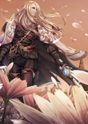 1boy armor belt blonde_hair blue_eyes boots coat final_fantasy final_fantasy_xiv fingerless_gloves flower gloves highres holding holding_sword holding_weapon jacket jacket_on_shoulders long_hair looking_to_the_side male_focus mihira_(tainosugatayaki) open_clothes open_coat outdoors petals smile solo sunset sword thigh_boots thighhighs third_eye weapon wind zenos_yae_galvus