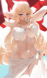 Rule 34 | 1girl, :d, bare arms, bikini, bikini top only, blonde hair, blush, breasts, commission, earrings, halterneck, halterneck, hands up, highres, huge breasts, jewelry, long hair, looking at viewer, navel, open mouth, original, red eyes, ryusei hashida, sarong, smile, solo, stomach, sweat, swimsuit, very long hair, white bikini