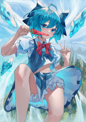 Rule 34 | 1girl, absurdres, ahoge, blue bow, blue eyes, blue hair, blue skirt, blue sky, blue vest, blush, bow, bowtie, breasts, chinese commentary, christmas tree, cirno, cloud, cloudy sky, collared shirt, commentary request, eating, fingernails, flying, food, forest, frills, grass, grey shirt, grey shorts, hair between eyes, hands up, highres, ice, ice cream, ice wings, lake, long fingernails, looking at viewer, medium breasts, nail polish, nature, navel, open mouth, pink nails, puffy short sleeves, puffy sleeves, red bow, red bowtie, shirt, short hair, short sleeves, shorts, skirt, sky, smile, solo, thighs, touhou, tree, user kgxp3553, v, vest, water, wings