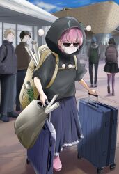 Rule 34 | 2girls, 3boys, absurdres, backpack, bag, beanie, black hoodie, black skirt, blue hair, blue skirt, bottle, building, coat, comiket, commentary, faceless, faceless male, hands in pockets, hat, highres, hololive, hood, hoodie, long skirt, luggage, mask, minato aqua, miniskirt, mochiki 927, mouth mask, multicolored hair, multiple boys, multiple girls, pink hair, plastic bag, rolling suitcase, skirt, streaked hair, suitcase, sunglasses, sweatdrop, sweater, thighhighs, two-tone hair, virtual youtuber, winter clothes, winter coat, zettai ryouiki