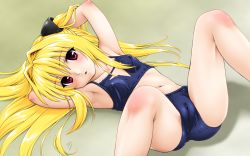 Rule 34 | 00s, 1girl, armpits, blonde hair, breasts, cameltoe, cleft of venus, collarbone, covered erect nipples, fuji shinobu, hair intakes, hair ornament, highres, konjiki no yami, long hair, looking at viewer, lying, on back, open mouth, purple eyes, simple background, small breasts, solo, swimsuit, to love-ru, very long hair, wallpaper
