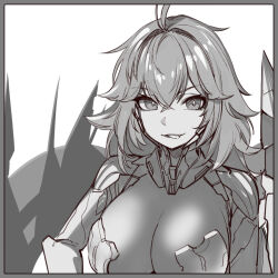 Rule 34 | 1girl, ahoge, armor, bodystocking, boobplate, breastplate, cleavage, goddess of victory: nikke, greyscale, hair between eyes, hair intakes, long hair, looking at viewer, monochrome, nihilister (nikke), see-through, see-through cleavage, simple background, sketch, solo, tenbin gashira, wavy hair, white background