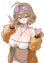 1girl absurdres ahoge anis_(nikke) anis_(sparkling_summer)_(nikke) bikini breasts brown_hair cleavage eyepatch_bikini eyewear_on_head goddess_of_victory:_nikke highres jacket jewelry looking_at_viewer navel necklace official_alternate_costume seonu_(fdsc8278) short_hair smile solo sunglasses swimsuit tinted_eyewear white_bikini yellow_jacket