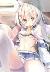Rule 34 | 1girl, ayanami (azur lane), azur lane, bad id, bad pixiv id, bare shoulders, bed, blue sailor collar, blue skirt, blush, breasts, brown eyes, commentary request, crop top, crop top overhang, detached sleeves, diagonal stripes, gluteal fold, hair between eyes, hair ornament, hairclip, headgear, heart, heart-shaped pillow, high ponytail, highres, indoors, knee up, light brown hair, long hair, long sleeves, looking at viewer, lying, medium breasts, mouth hold, natuna natu, navel, on back, panties, pillow, pleated skirt, ponytail, retrofit (azur lane), sailor collar, school uniform, serafuku, shirt, sidelocks, skirt, sleeveless, sleeveless shirt, solo, striped, thighhighs, underboob, underwear, very long hair, white panties, white shirt, white sleeves, white thighhighs, yellow neckwear