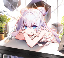 Rule 34 | + +, 1girl, arm pillow, azur lane, bare shoulders, bendy straw, blue eyes, commentary request, crossed arms, cube, cup, double bun, dress, drinking glass, drinking straw, hair bun, ice, le malin (azur lane), le malin (sleepy sunday) (azur lane), long hair, looking at viewer, plant, potted plant, pout, raiou, sleeveless, solo, sundress, symbol-shaped pupils, table, v-shaped eyebrows, white hair