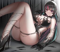 Rule 34 | 1girl, aqua hair, black collar, black dress, black footwear, black gloves, black hair, breasts, cleavage, collar, detached collar, dress, emma llama, gloves, high heels, highres, indie virtual youtuber, large breasts, liquid clothes, liquid from eyes, long hair, pink eyes, pink hair, ponytail, second-party source, solo, thigh strap, two-tone eyes, valella moon