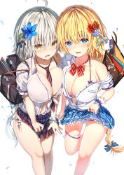 Rule 34 | 2girls, :d, ahoge, alternate costume, asymmetrical docking, bag, bare shoulders, between breasts, bikini, bikini under clothes, blonde hair, blue bow, blue eyes, blue flower, blue skirt, blush, bow, bow bikini, bowtie, braid, breast pocket, breast press, breasts, buttons, cleavage, clothes lift, collarbone, collared shirt, commentary request, covering crotch, covering privates, diagonal-striped bow, dress shirt, embarrassed, fate/grand order, fate (series), feet out of frame, flower, front-tie top, gilles de rais (caster) (fate), gluteal fold, hair between eyes, hair bow, hair flower, hair ornament, head tilt, headpiece hair ornament, highres, jeanne d&#039;arc (fate), jeanne d&#039;arc (ruler) (fate), jeanne d&#039;arc alter (avenger) (fate), jeanne d&#039;arc alter (fate), large breasts, leg up, lifted by self, long hair, looking at viewer, miniskirt, multiple girls, navel, necktie, necktie between breasts, no bra, nose blush, o-ring, o-ring bikini, o-ring top, off shoulder, open clothes, open mouth, open shirt, plaid, plaid skirt, pleated skirt, pocket, purple bow, red flower, school bag, school uniform, shirt, short hair, short sleeves, shoulder bag, side-tie bikini bottom, silver hair, simple background, single braid, skirt, skirt lift, skirt tug, smile, standing, standing on one leg, stomach, striped bow, striped bowtie, striped clothes, striped neckwear, sune (mugendai), swimsuit, teeth, unbuttoned, unbuttoned shirt, upper teeth only, very long hair, water drop, white background, white bikini, white shirt, yellow eyes