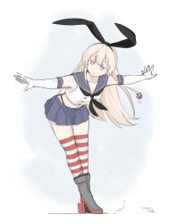 Rule 34 | 1girl, anchor hair ornament, artist name, black hairband, black neckerchief, black panties, blonde hair, blue sailor collar, blue skirt, crop top, dated, elbow gloves, gloves, grey eyes, hair ornament, hairband, highleg, highleg panties, highres, hikashima (shiofune), kantai collection, leaning forward, long hair, looking at viewer, looking to the side, microskirt, miniskirt, neckerchief, outstretched arms, panties, pleated skirt, sailor collar, shimakaze (kancolle), shirt, skirt, sleeveless, sleeveless shirt, solo, striped clothes, striped thighhighs, thighhighs, underwear, white gloves