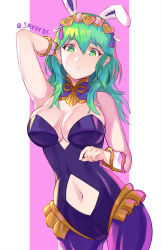 1girl animal_ears arm_up breasts byleth_(female)_(fire_emblem) byleth_(fire_emblem) cleavage closed_mouth clothing_cutout detached_collar fake_animal_ears fire_emblem fire_emblem:_three_houses green_eyes green_hair highres large_breasts leotard navel navel_cutout nintendo pantyhose playboy_bunny rabbit_ears simple_background solo spiffydc tiara twitter_username wrist_cuffs