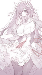 Rule 34 | 1girl, blush, breasts, covered navel, dorainatto, dress, flower, frills, hair between eyes, hair flower, hair ornament, highres, knees together feet apart, large breasts, long hair, maid headdress, monochrome, open mouth, original, pantyhose, puffy sleeves, simple background, sketch, sleeves rolled up, smile, solo, spot color, white background
