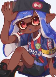 Rule 34 | 1girl, :o, black footwear, black hairband, black shorts, blue hair, blue shirt, blush, commentary, dark-skinned female, dark skin, hairband, highres, inkling, inkling girl, inkling player character, long hair, looking at viewer, multicolored shirt, nintendo, ochocho2828, open mouth, pointy ears, print hairband, red eyes, red shirt, shirt, shoes, shorts, simple background, sitting, solo, splatoon (series), splatoon 3, striped clothes, striped shirt, tentacle hair, thick eyebrows, white background