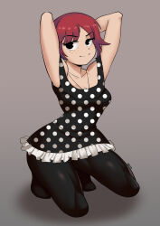 Rule 34 | 1girl, armpits, arms behind head, arms up, artist name, black dress, black eyes, black leggings, bob cut, breasts, cleavage, closed mouth, collarbone, commentary, dress, english commentary, freckles, frilled dress, frills, from side, full body, gez1313, grey background, highres, jewelry, kim pine, kneeling, leggings, looking at viewer, looking to the side, medium breasts, navel, necklace, polka dot, polka dot dress, red hair, scott pilgrim (series), shadow, short dress, short hair, signature, simple background, sleeveless, sleeveless dress, smile, solo, two-tone dress, unmoving pattern, white dress