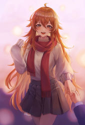 Rule 34 | 1boy, 1girl, absurdres, blush, brown eyes, brown hair, highres, kama (kama ovo), looking at viewer, open mouth, original, pov, scarf, signature, skirt, smile, standing, sunset, sweater, turtleneck, turtleneck sweater, winter, winter clothes