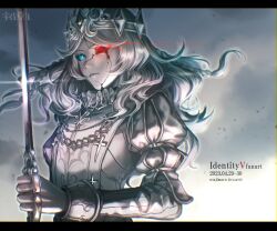 Rule 34 | 1boy, blue eyes, braid, chain, closed mouth, colored skin, copyright name, cracked skin, cross, crown, cyan916, dated, expressionless, eye trail, floating hair, glint, grey background, heterochromia, highres, holding, holding sword, holding weapon, hollow eyes, identity v, joseph desaulniers, joseph desaulniers (tranquility), juliet sleeves, latin cross, light trail, long hair, long sleeves, looking ahead, male focus, neck ruff, official alternate costume, parted bangs, puffy sleeves, shirt, side braids, sleeve cuffs, solid eyes, solo, sword, upper body, wavy hair, weapon, white hair, white shirt, white skin