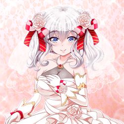 Rule 34 | 10s, 1girl, bare shoulders, blue eyes, blush, breasts, bridal veil, bride, cleavage, dress, elbow gloves, flower, frills, gloves, hair between eyes, hair flower, hair ornament, jewelry, kantai collection, kashima (kancolle), large breasts, long hair, looking at viewer, necklace, pearl necklace, ring, rose, silver hair, smile, solo, strapless, strapless dress, tk8d32, veil, wavy hair, wedding band, wedding dress, white flower, white gloves, white rose