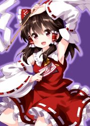 Rule 34 | 1girl, arm up, ascot, between fingers, bow, brown hair, detached sleeves, frilled bow, frilled hair tubes, frilled skirt, frills, gohei, hair between eyes, hair tubes, hakurei reimu, highres, holding, looking at viewer, medium hair, nontraditional miko, ofuda, ofuda between fingers, open mouth, purple background, red bow, red eyes, red ribbon, red shirt, ribbon, ribbon-trimmed skirt, ribbon-trimmed sleeves, ribbon trim, ruu (tksymkw), shirt, simple background, skirt, smile, solo, standing, touhou, white ribbon, wide sleeves, yellow ascot