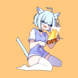 Rule 34 | 1girl, alcohol, animal ears, beer, beer mug, blue eyes, cat ears, cat tail, cross (vgne4542), cup, food, highres, jelly hoshiumi, mug, phase connect, short hair, simple background, solo, tail, yakitori