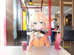 Rule 34 | 1girl, absurdres, aqua eyes, black bow, bow, collared shirt, commentary, cup, eating, english commentary, fast food, food, hat, highres, holding, holding food, jollibee, jollibee (mascot), ken arthem, mask, millie parfait, mouth mask, nijisanji, nijisanji en, orange sweater, photo background, pie, police, police hat, police uniform, pov dating, shirt, short hair, solo focus, sunlight, sweater, uniform, virtual youtuber, white shirt