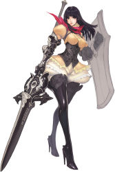 Rule 34 | 1girl, armor, black eyes, black footwear, black hair, black thighhighs, boots, breasts, full body, greaves, high heel boots, high heels, highres, holding, holding shield, lance, long hair, looking at viewer, pants, pants tucked in, polearm, puffy pants, puffy sleeves, purple eyes, shield, simple background, solo, standing, thigh boots, thighhighs, weapon, white background
