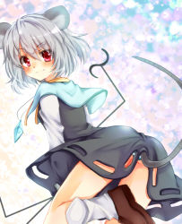 Rule 34 | 1girl, animal ears, female focus, hair between eyes, lifted by tail, lowres, mouse ears, mouse tail, mousegirl, nazrin, panties, pantyshot, rai (rai-s), socks, solo, striped clothes, striped panties, tail, touhou, underwear, white socks