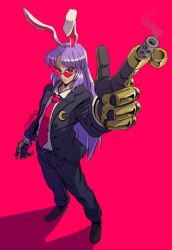 Rule 34 | 1girl, animal ears, black footwear, black gloves, black pants, collared shirt, commentary, crescent, crescent pin, english commentary, formal, full body, gloves, looking at viewer, necktie, pants, peggdraws, rabbit ears, rabbit girl, red background, red eyes, red necktie, reisen udongein inaba, round eyewear, shirt, signature, simple background, solo, standing, sunglasses, touhou, white shirt
