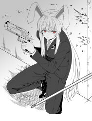 Rule 34 | 1girl, absurdres, animal ears, blazer, bullet, closed mouth, collared shirt, commentary, crescent, crescent pin, ddok, frown, full body, greyscale, gun, handgun, highres, holding, holding gun, holding weapon, jacket, kneeling, long hair, long sleeves, looking to the side, monochrome, pants, rabbit ears, rabbit girl, red eyes, reisen udongein inaba, shirt, shoes, solo, spot color, touhou, trigger discipline, very long hair, weapon