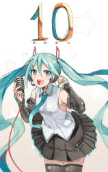 Rule 34 | 1girl, :d, absurdres, artist name, blue eyes, blue hair, breasts, detached sleeves, hair ornament, hatsune miku, hatsune miku (vocaloid4), headphones, headset, highres, holding, holding microphone, kndy, long hair, long sleeves, microphone, microphone cord, necktie, open mouth, pleated skirt, shirt, sideboob, sketch, skirt, sleeveless, sleeveless shirt, smile, solo, star (symbol), thighhighs, twintails, very long hair, vocaloid, zettai ryouiki