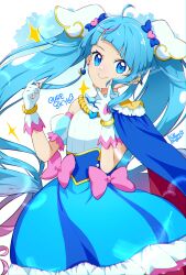 Rule 34 | ahoge, blue eyes, blue hair, bow, brooch, cape, cure sky, cut bangs, detached sleeves, earrings, fingerless gloves, gloves, highres, hiragana sherry, hirogaru sky! precure, jewelry, magical girl, pink bow, precure, puffy detached sleeves, puffy sleeves, single earring, single sidelock, smile, sora harewataru, twintails, two-sided cape, two-sided fabric, v over mouth, white gloves, wing brooch, wing hair ornament