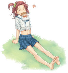 Rule 34 | 1girl, barefoot, belly, blush stickers, bread, closed eyes, feet, food, grass, hair bobbles, hair ornament, happy, midriff, mouth hold, navel, original, outdoors, pleated skirt, school uniform, short hair, side ponytail, sitting, skirt, sleeves rolled up, smile, soles, solo, toes, yuuryuu nagare