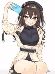 Rule 34 | 1girl, :d, arm support, bare shoulders, belt, black hat, black skirt, black sweater, blush, breasts, brown eyes, brown hair, buttons, cellphone, crop top, grin, hair between eyes, hand up, hat, highres, holding, holding phone, idolmaster, idolmaster cinderella girls, invisible chair, jacket, long hair, long sleeves, looking at viewer, manio, medium breasts, midriff, miniskirt, mole, mole under eye, off shoulder, open clothes, open jacket, open mouth, phone, ribbed sweater, sidelocks, simple background, sitting, skirt, sleeveless, sleeveless turtleneck, smartphone, smile, solo, sunazuka akira, sweater, teeth, thighs, turtleneck, turtleneck sweater, two side up, unbuttoned, v-shaped eyebrows, wavy hair, white background, white jacket