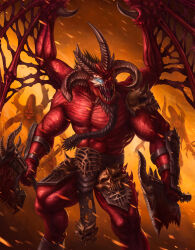 Rule 34 | 3boys, absurdres, armor, axe, battle axe, beard, bloodthirster, bmurphy, braid, braided beard, broken horns, chaos (warhammer), colored skin, commentary, damaged, demon horns, demon wings, dual wielding, english commentary, exposed bone, facial hair, glowing, glowing eyes, hell, heresy, highres, holding, holding axe, horns, long horns, mismatched pupils, multiple boys, open mouth, ornate armor, pauldrons, pelvic curtain, red eyes, red skin, sharp teeth, shoulder armor, single pauldron, skarbrand, skull ornament, teeth, tongue, tongue out, topless male, torn wings, warhammer 40k, weapon, wings