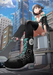 Rule 34 | 1girl, absurdres, bikini, bikini top only, black footwear, black jacket, black skirt, black thighhighs, blue sky, boots, building, car, city, closed mouth, cloud, commission, cross-laced footwear, crosswalk, day, giant, giantess, girls&#039; frontline, green nails, grey eyes, grey hair, hair bun, hanabusaraleigh, highres, honey badger (girls&#039; frontline), jacket, knee boots, lace-up boots, long hair, miniskirt, motor vehicle, nail polish, open clothes, open jacket, outdoors, panties, pantyshot, pleated skirt, reflection, second-party source, single side bun, sitting, skirt, sky, skyscraper, solo, swimsuit, thighhighs, traffic light, underwear, white panties