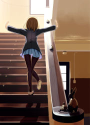 Rule 34 | 1girl, asakura ryou (artist), backlighting, brown hair, from behind, hino minato (spec.c), hirasawa yui, k-on!, outstretched arms, pantyhose, rabbit, school uniform, shoes, short hair, solo, spread arms, stairs, turtle, uwabaki