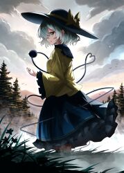 Rule 34 | 1girl, black hat, bow, cloud, commentary, flower, from side, grass, green eyes, green hair, green skirt, hat, hat bow, heart, heart of string, highres, komeiji koishi, looking at viewer, mountainous horizon, nanahana nanana, open mouth, outdoors, shirt, short hair, skirt, solo, third eye, touhou, tree, wide sleeves, yellow bow, yellow shirt