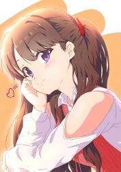 Rule 34 | 1girl, brown hair, closed mouth, clothing cutout, collared shirt, commentary request, dress shirt, fujishima megumi, hand on own cheek, hand on own face, head rest, heart, highres, link! like! love live!, long hair, looking at viewer, love live!, orange background, pink sweater vest, purple eyes, rakinegimagi, shirt, shoulder cutout, solo, split mouth, sweater vest, two side up, upper body, virtual youtuber, white shirt
