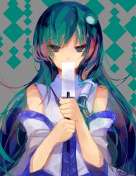 Rule 34 | 1girl, covering own mouth, detached sleeves, empty eyes, frog hair ornament, gohei, green eyes, green hair, grey background, hair ornament, hair tubes, highres, japanese clothes, kochiya sanae, long hair, long sleeves, looking at viewer, lyiet, matching hair/eyes, miko, oonusa, shirt, simple background, snake hair ornament, solo, touhou, upper body, wide sleeves