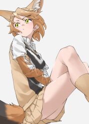 Rule 34 | 1girl, animal ear fluff, animal ears, bare legs, black-backed jackal (kemono friends), bow, bowtie, brown hair, commentary, crossed arms, crossed legs, elbow gloves, extra ears, feet out of frame, from side, gloves, grey background, highres, jackal ears, jackal tail, kemono friends, looking back, pleated skirt, short hair, short sleeves, simple background, sitting, skirt, socks, solo, tail, tanabe (fueisei), thighs, vest, white bow, white bowtie, yellow eyes