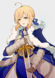 Rule 34 | 1girl, absurdres, ahoge, armor, armored dress, artoria pendragon (all), artoria pendragon (fate), blonde hair, blue cloak, blue ribbon, cloak, double-parted bangs, dress, excalibur (fate/stay night), fate/grand order, fate (series), faulds, fur-trimmed cloak, fur trim, gauntlets, green eyes, hair between eyes, hair ribbon, hand on blade, hands on hilt, highres, open mouth, penichet, ribbon, saber (fate), solo, sword, weapon