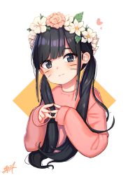 Rule 34 | 1girl, :3, bad id, bad pixiv id, black eyes, black hair, blush, closed mouth, commentary request, facial mark, fingernails, fingers together, flower, hair flower, hair ornament, head tilt, heart, kuri choko, long hair, long sleeves, looking at viewer, nail polish, original, pink flower, pink nails, pink shirt, shirt, signature, sleeves past wrists, solo, twintails, two-tone background, very long hair, whisker markings, white background, white flower, yellow background