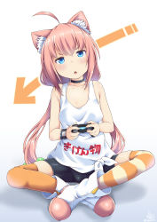 Rule 34 | 1girl, absurdres, ahoge, animal ear fluff, animal ears, asymmetrical legwear, bike shorts, black choker, black shorts, boots, cat ears, choker, collarbone, controller, crossed ankles, game controller, hair bobbles, hair ornament, highres, hinata channel, indian style, loose clothes, low twintails, mismatched legwear, nekomiya hinata, open mouth, orange thighhighs, pink hair, shorts, simple background, sitting, solo, striped clothes, striped thighhighs, tank top, thighhighs, twintails, vest, virtual youtuber, white footwear, white tank top, white vest, yuzuki kei, zipper pull tab