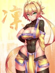 Rule 34 | 1girl, blonde hair, borrowed character, breasts, cleavage, covered navel, curvy, female focus, green eyes, hair intakes, hand on own hip, huge breasts, kageshio (276006), looking at viewer, original, ponytail, short hair, simple background, smile, solo, thick thighs, thighhighs, thighs, wide hips