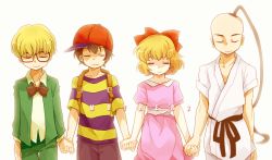 Rule 34 | 1girl, 3boys, backpack, bad id, bad pixiv id, bag, black hair, blonde hair, earrings, closed eyes, formal, glasses, holding hands, hat, jeff andonuts, jewelry, kimuri (uragami), long hair, mother (game), mother 2, multiple boys, ness (mother 2), nintendo, paula (mother 2), poo (mother 2), ribbon, smile, suit