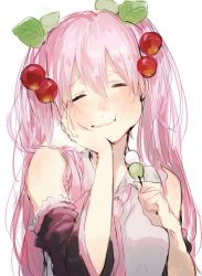 Rule 34 | 1girl, bare shoulders, black sleeves, cherry hair ornament, closed eyes, commentary, dango, detached sleeves, eating, food, food-themed hair ornament, full mouth, hair ornament, hand on own cheek, hand on own face, hatsune miku, highres, holding, holding food, long hair, necktie, pecchii, pink hair, pink necktie, sakura miku, sanshoku dango, shirt, sleeveless, sleeveless shirt, smile, solo, twintails, upper body, very long hair, vocaloid, wagashi, white background