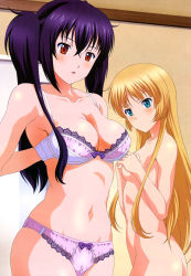 Rule 34 | &gt;:(, 2girls, :o, absurdres, annoyed, aqua eyes, arms behind back, ass, azuma kazutoshi, blonde hair, blue eyes, blue hair, blunt bangs, blush, bow, bow bra, bow panties, bra, breast envy, breasts, brown eyes, cameltoe, cleavage, closed mouth, collarbone, covering privates, covering breasts, cowboy shot, from side, frown, groin, hair between eyes, hair over shoulder, head tilt, highres, hime cut, hip focus, indoors, isuca, lace, lace-trimmed bra, lace-trimmed panties, lace trim, large breasts, lingerie, long hair, looking at another, looking at viewer, looking back, multiple girls, navel, nude, nyantype, official art, page number, panties, parted lips, pink bra, purple bow, purple bra, purple hair, purple panties, red eyes, scan, shimazu sakuya, shimazu suseri, sideboob, sidelocks, small breasts, standing, twintails, underwear, underwear only, undressing, v-shaped eyebrows, very long hair, white bra